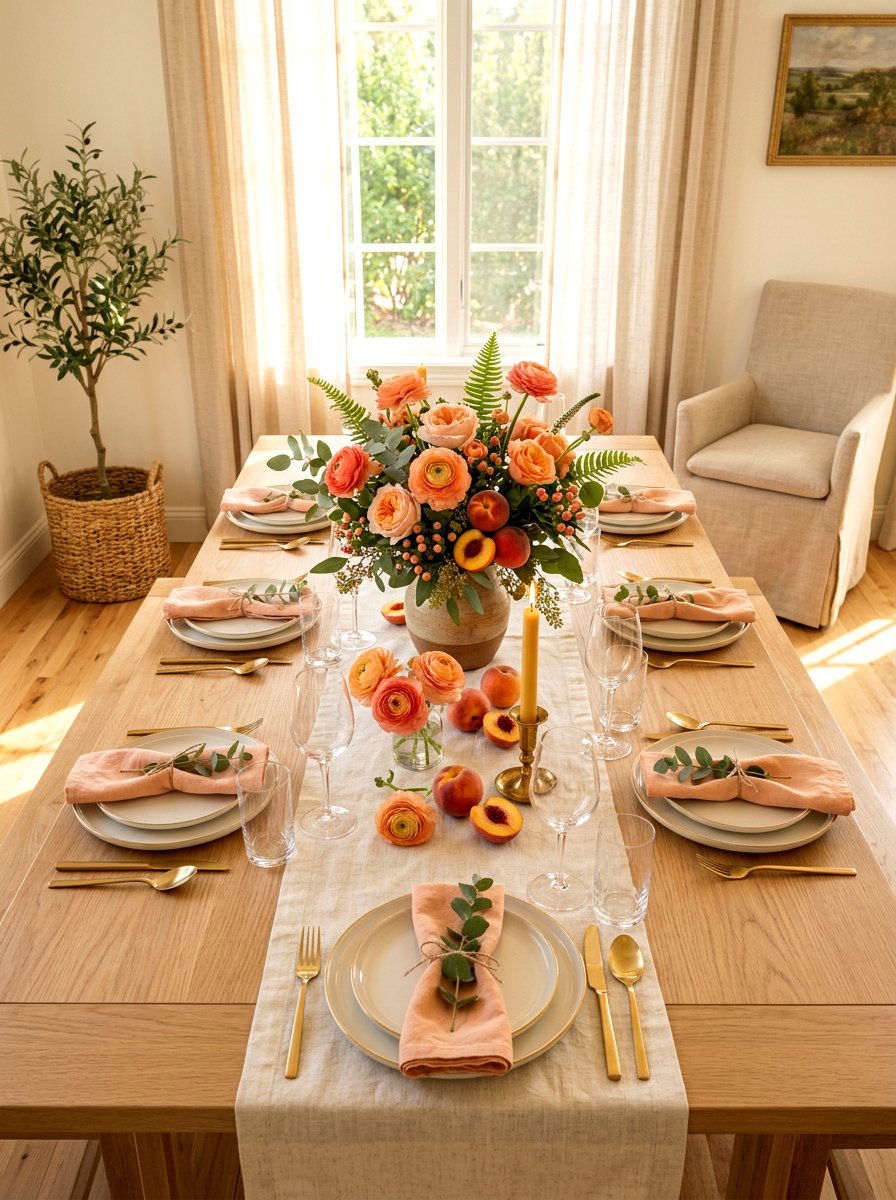 Peach and ranunculus table - 30 fruit and floral tablescape ideas