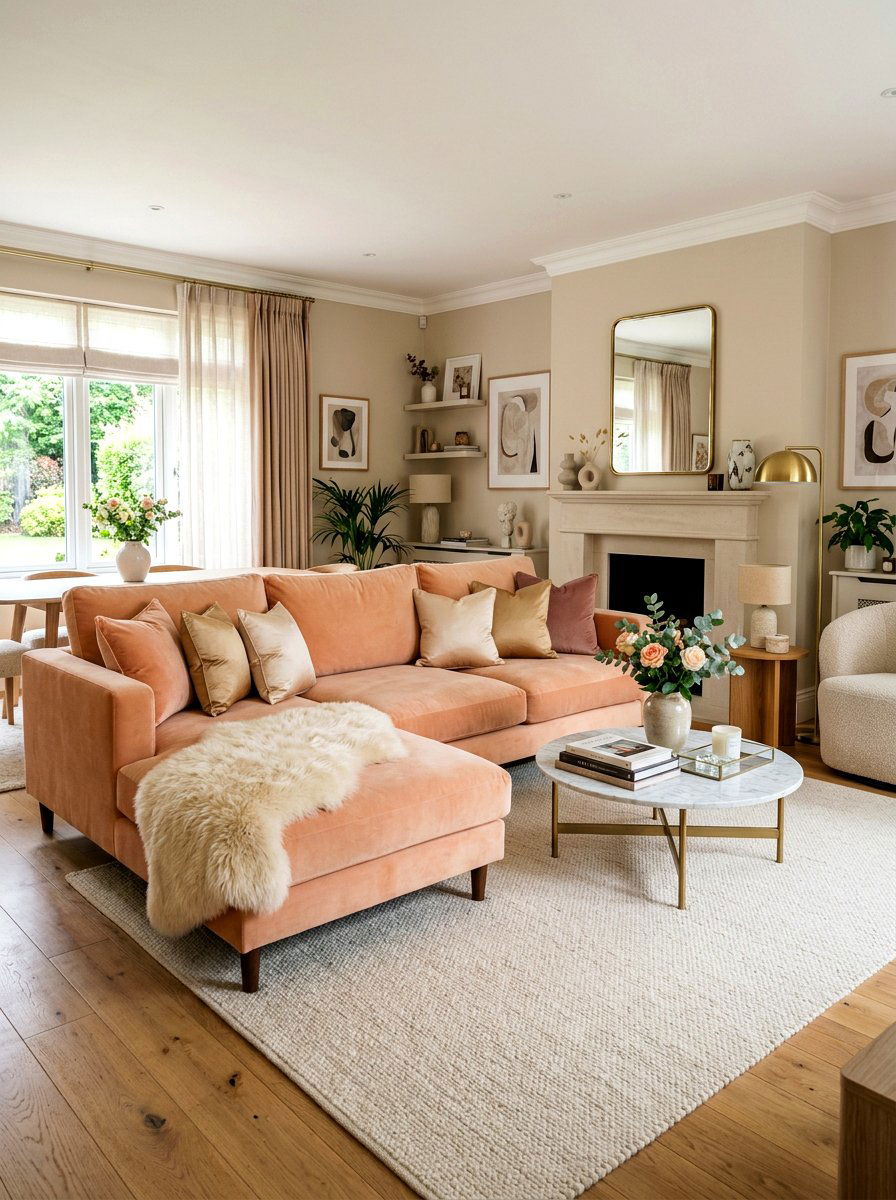 Peach and velvet living room - 30 peach living room ideas