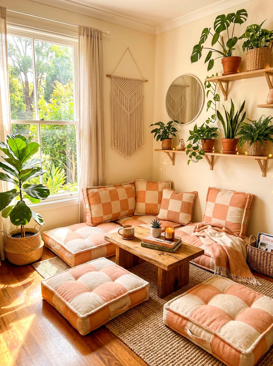 Peach checkered floor cushions - 30 bright checkerboard decor ideas
