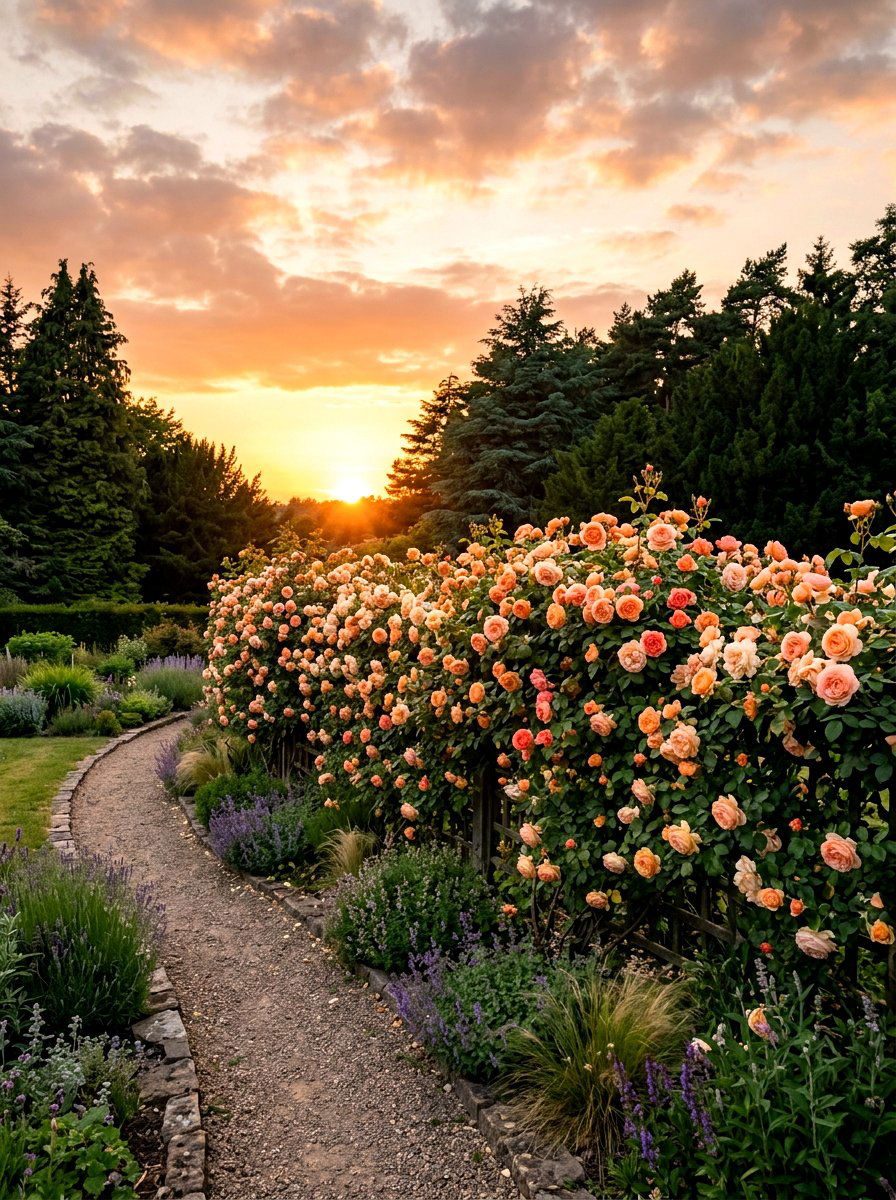 Peach rose garden screen - 30 rose hedge ideas