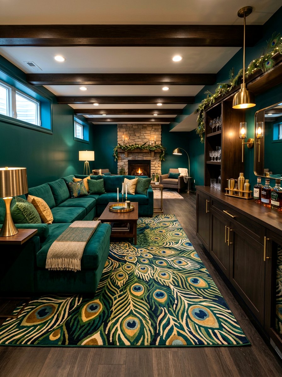 Peacock Green Finished Basement Lounge - 30 jewel tone holiday decor ideas