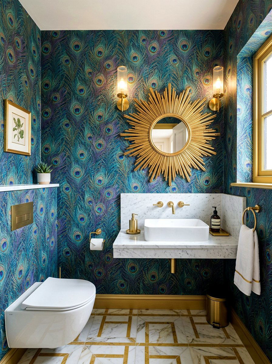 Peacock feather wallpaper - 30 jewel box powder room wallpaper ideas