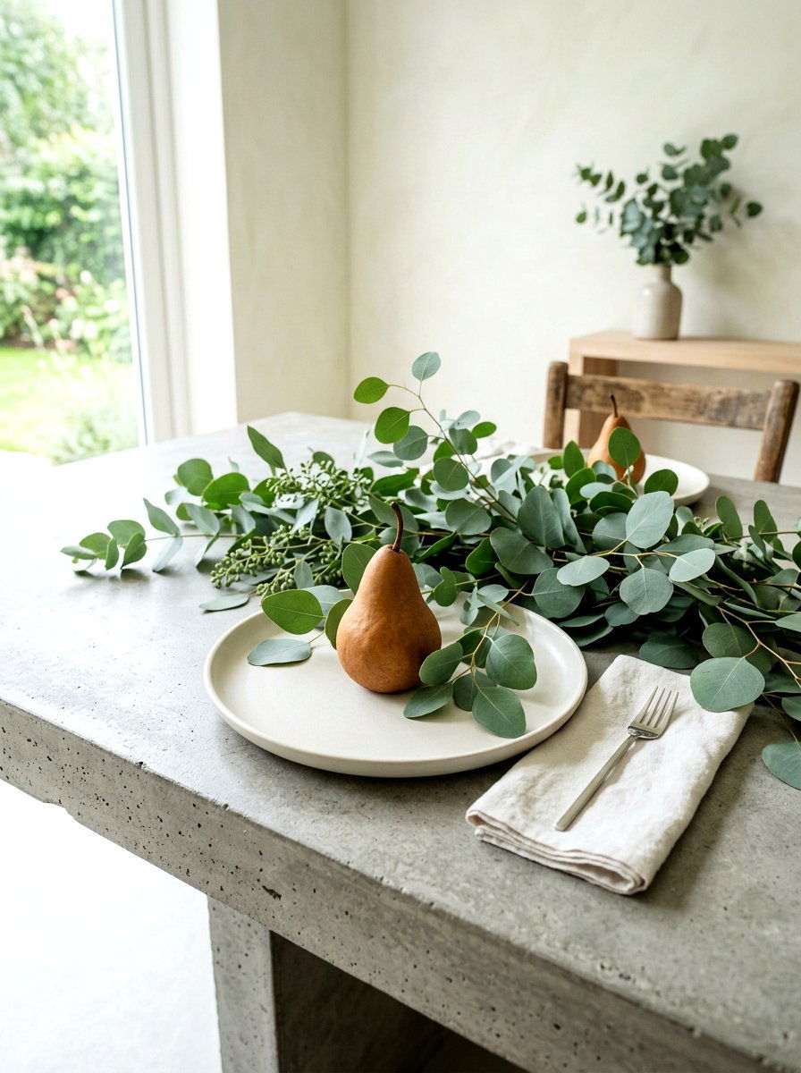 Pear and eucalyptus greenery - 30 fruit and floral tablescape ideas