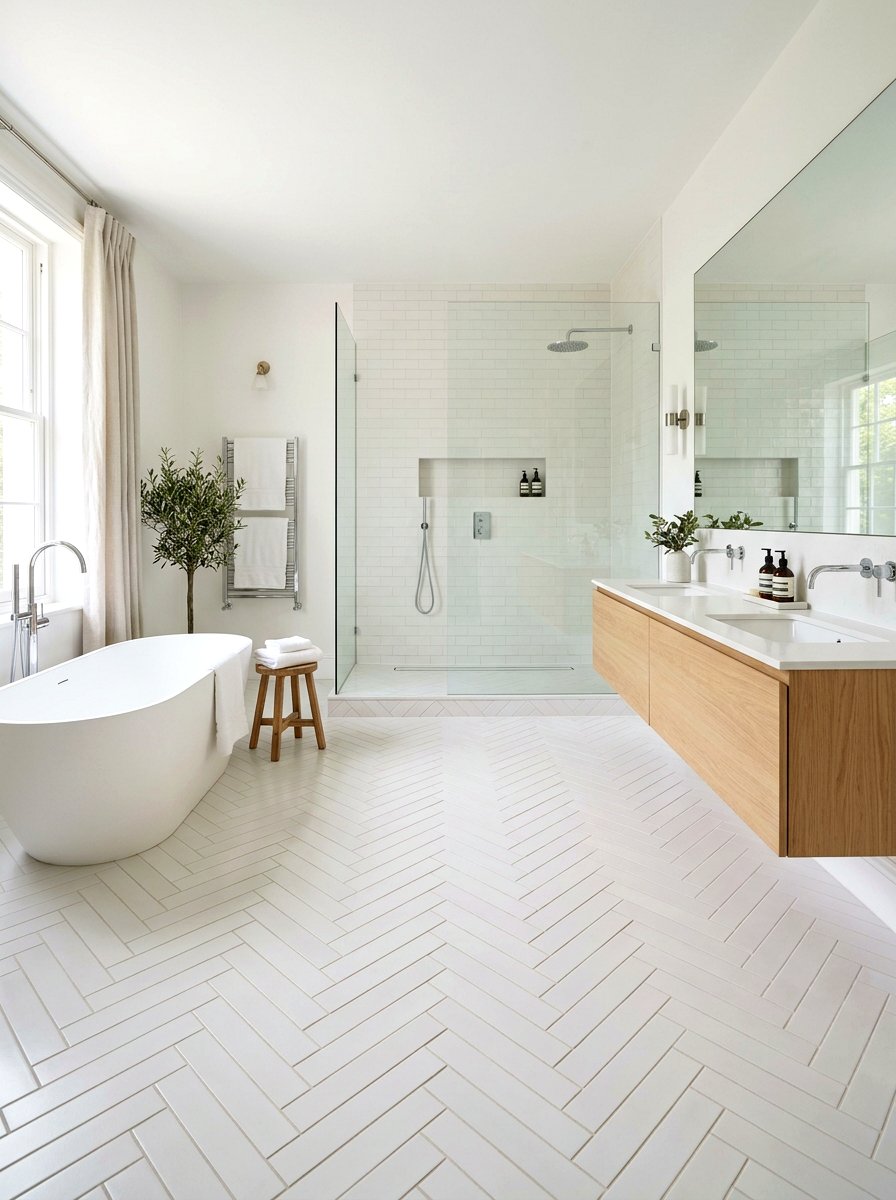 Pearl White Herringbone Floor - 30 pearl white bathroom ideas