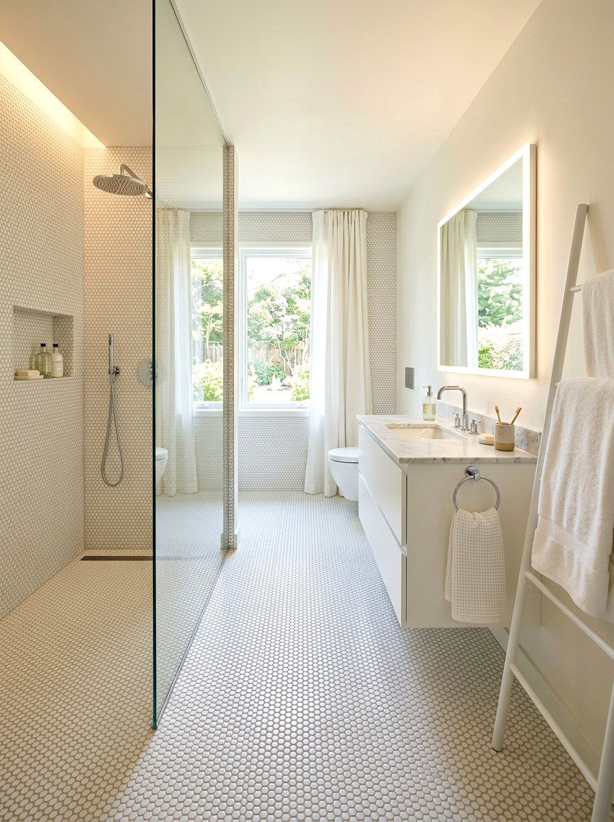 Pearl White Penny Tile - 30 pearl white bathroom ideas