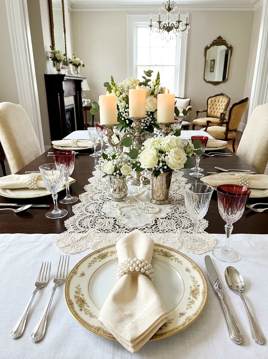 Pearl and lace table decor - 30 New Year table decor ideas