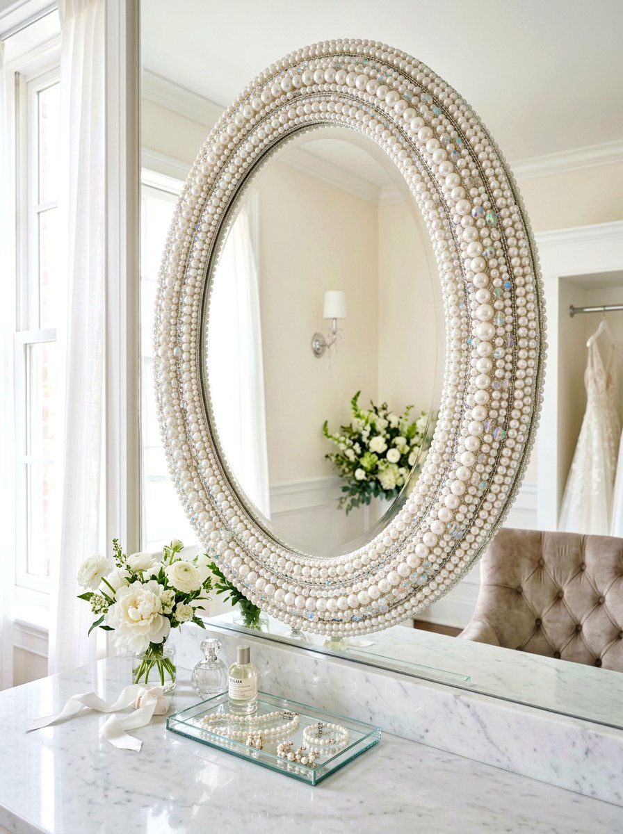 Pearl bead mirror frame - 30 coquette bathroom ideas