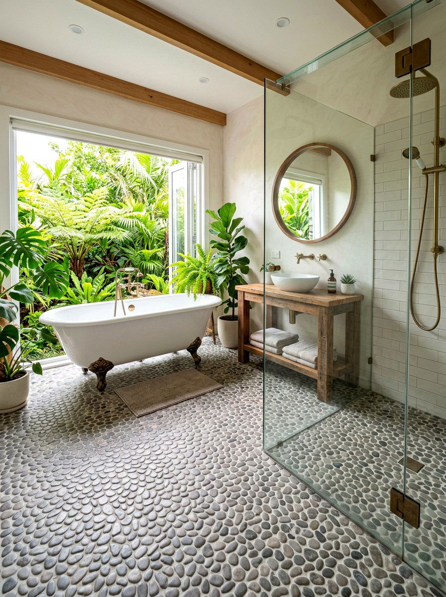 Pebble Floor Bathroom - 30 bathroom jungle ideas