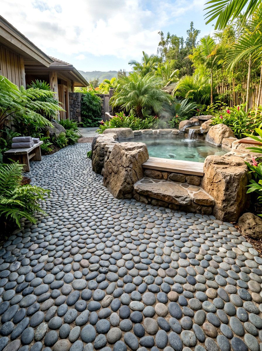 Pebble Flooring - 30 resort style backyard ideas