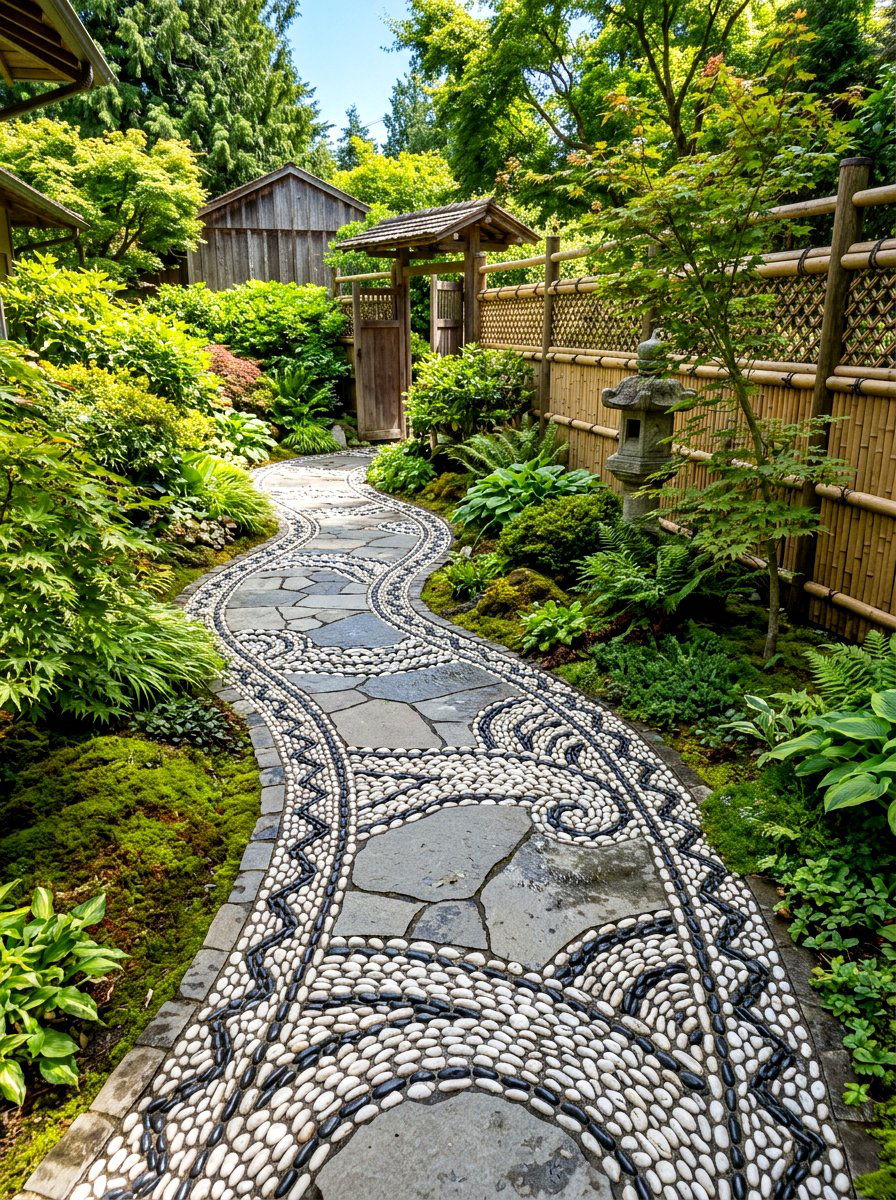 Pebble Inlay Walkway - 30 stepping stone backyard path ideas