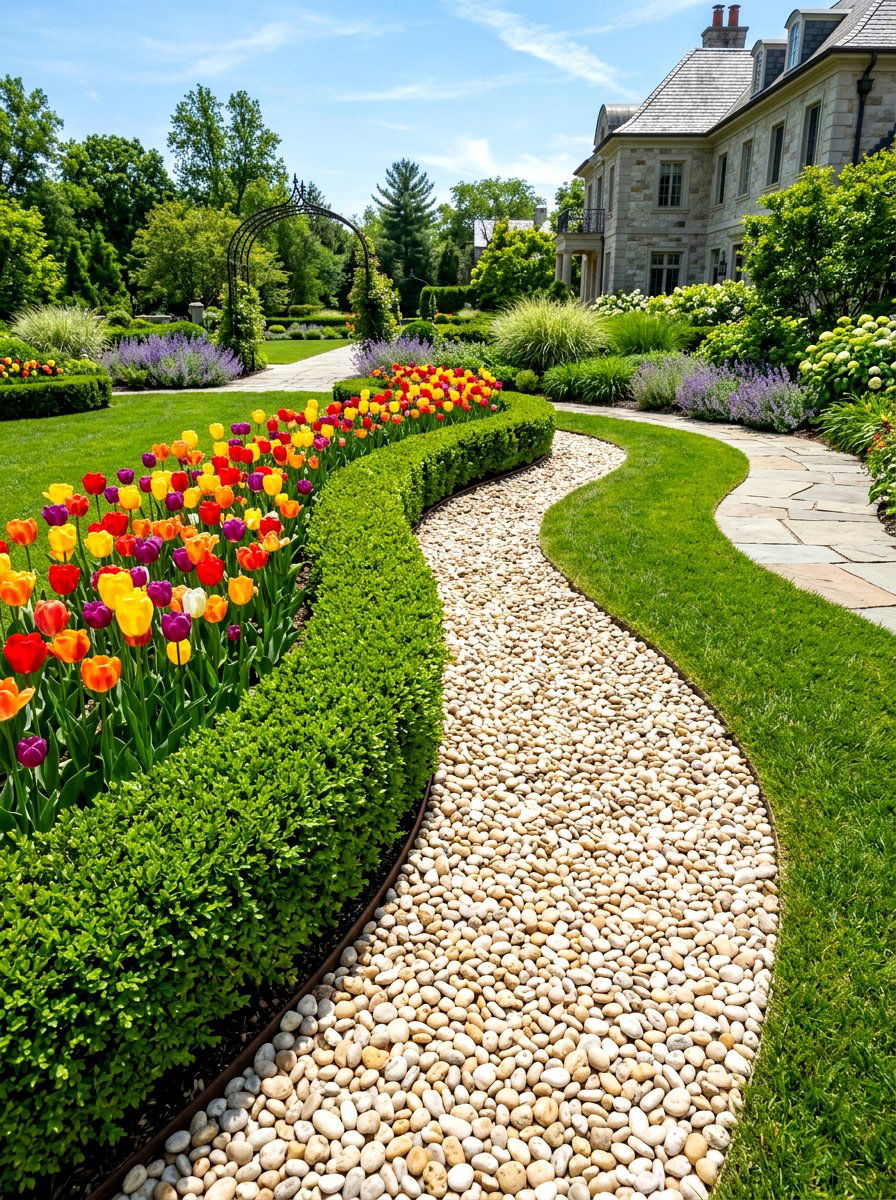 Pebble Lined Garden Swale - 30 swale landscaping ideas