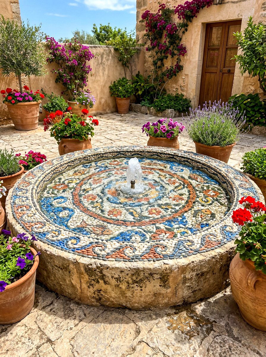 Pebble Mosaic Fountain - 30 backyard water feature ideas