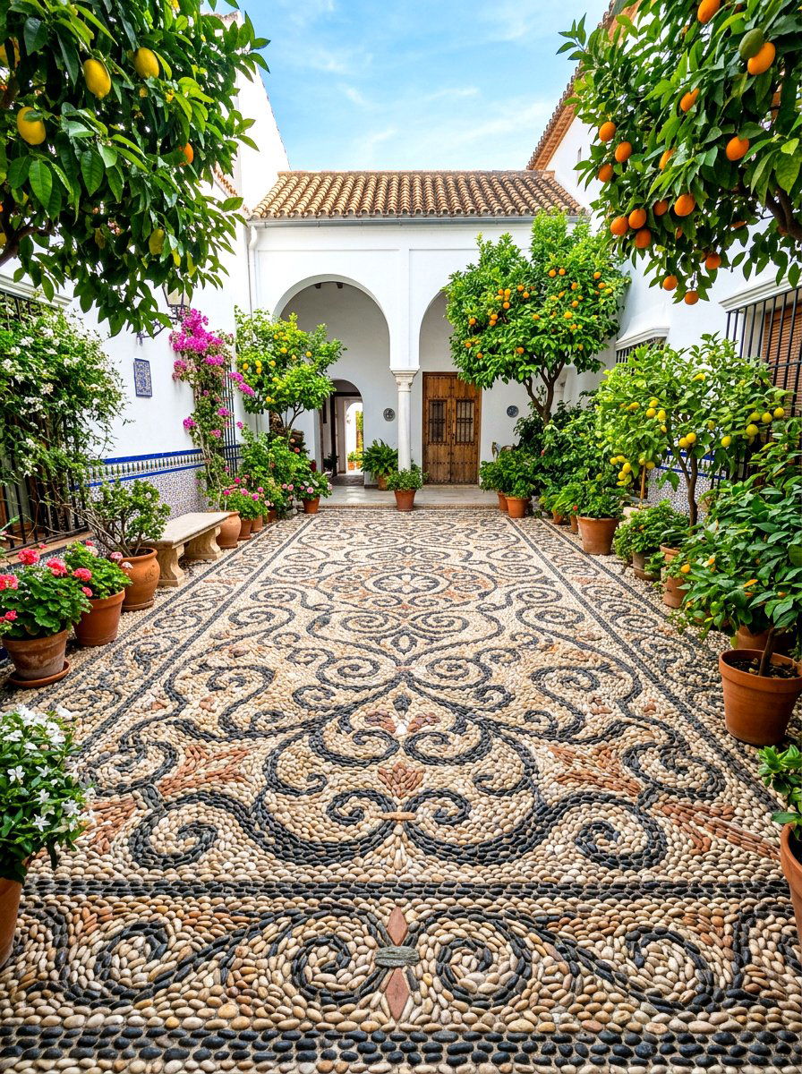Pebble Mosaic Patio - 30 Spanish courtyard ideas