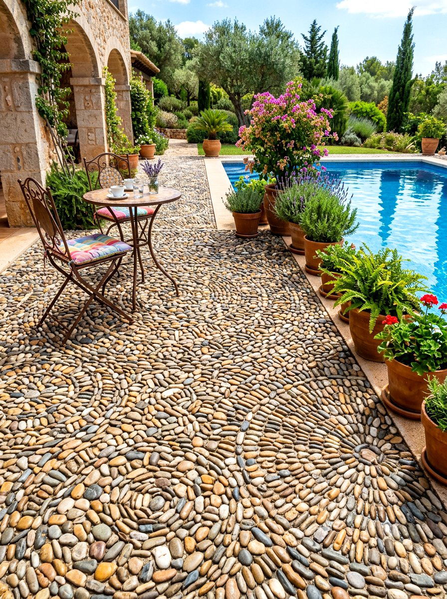 Pebble Stone Mosaic Floor - 30 Mediterranean pool patio ideas