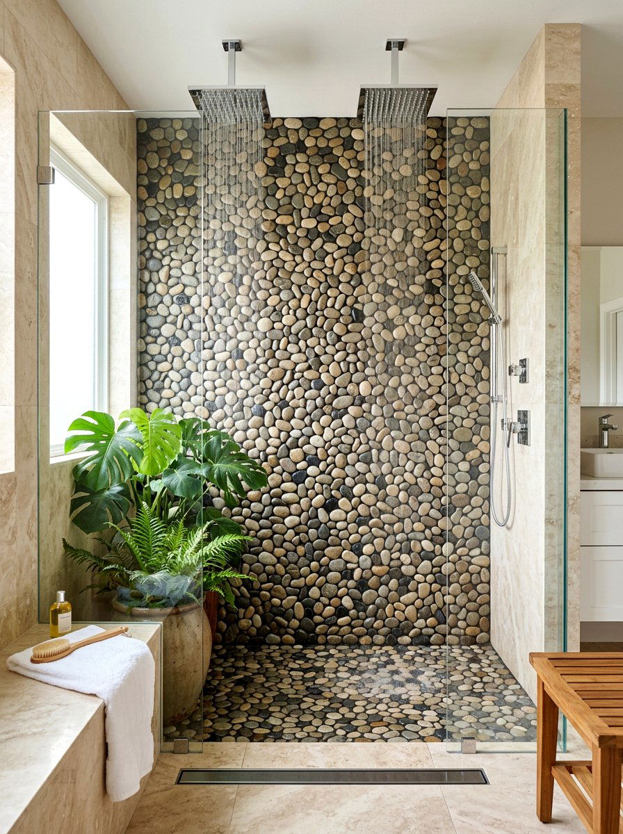 Pebble Stone Shower Wall - 30 double shower wall ideas