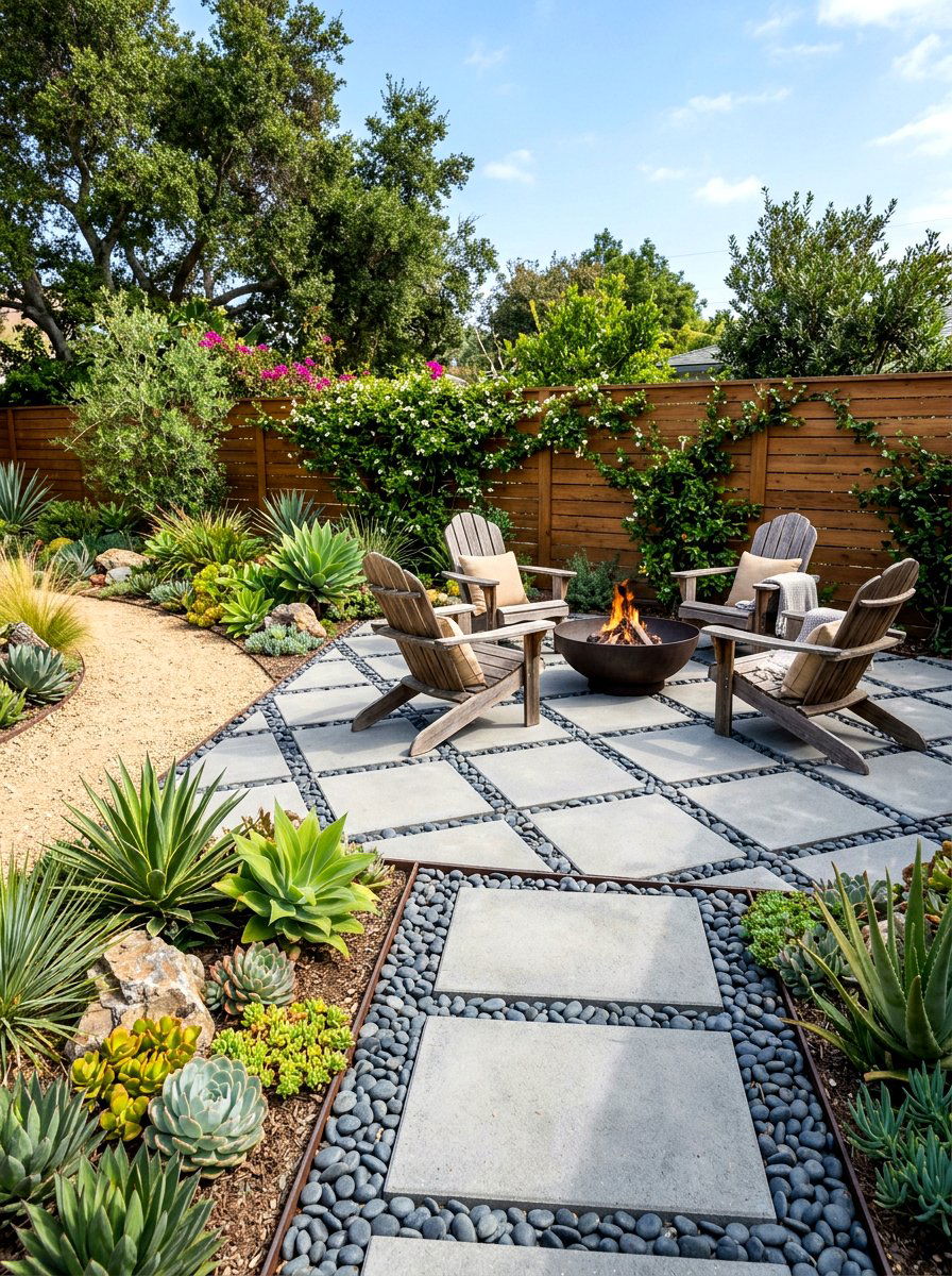 Pebble and concrete block patio - 30 checkerboard patio paver ideas