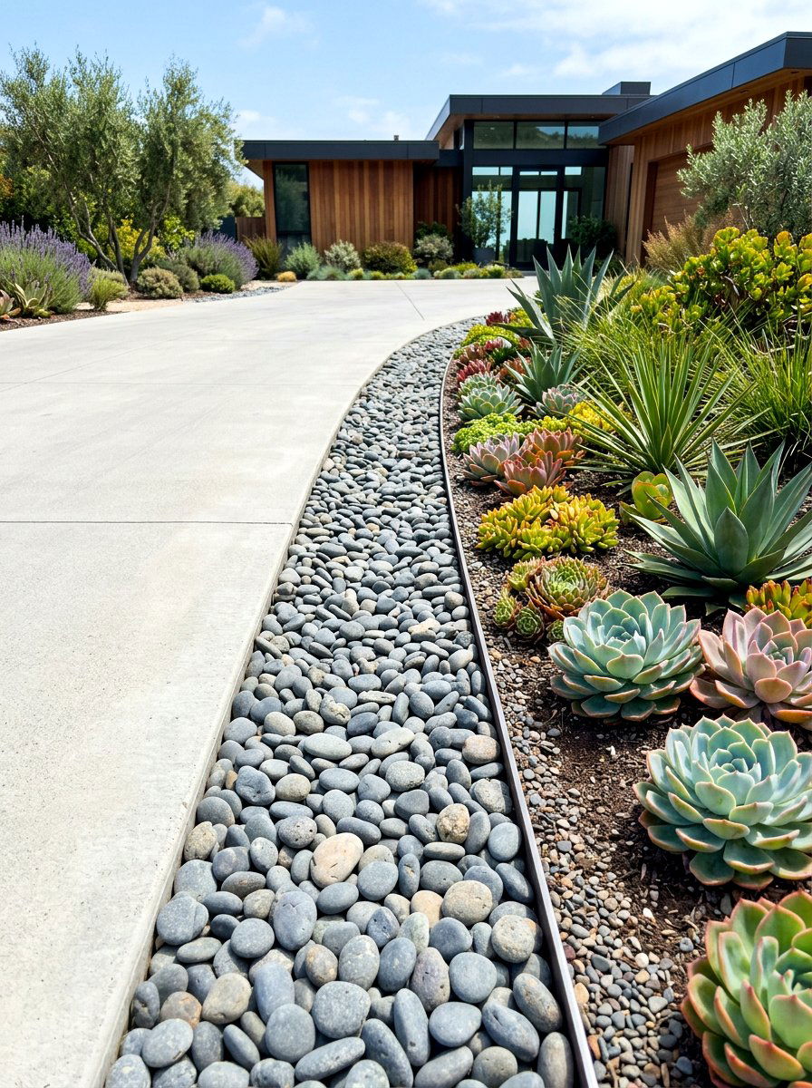 Pebble driveway trench - 30 driveway edging ideas