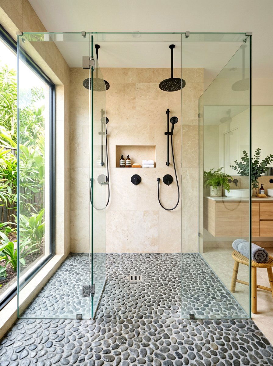 Pebble floor double shower - 30 double shower bathroom ideas