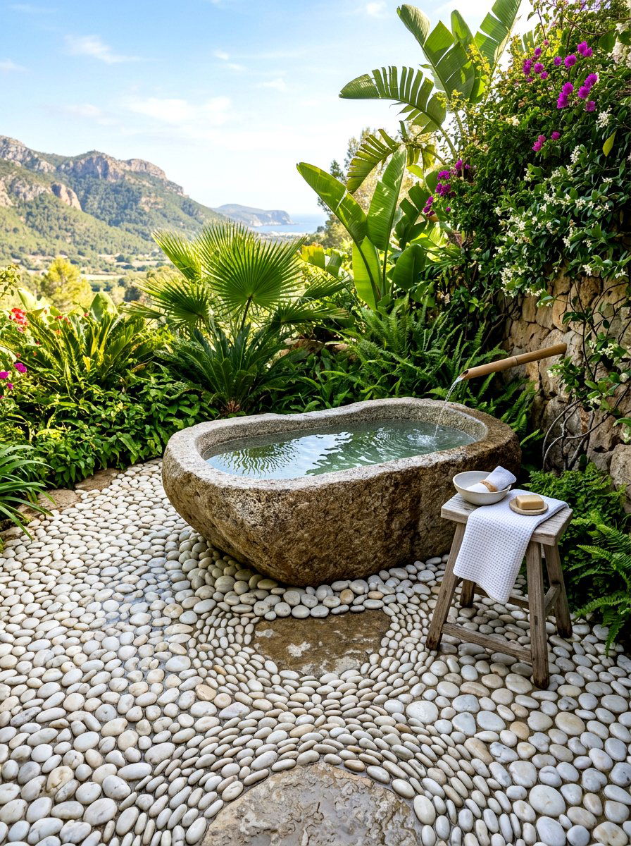 Pebble floor outdoor bath - 30 outdoor bath ideas