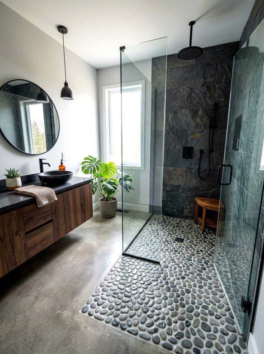 Pebble floor shower - 30 walk in shower ideas