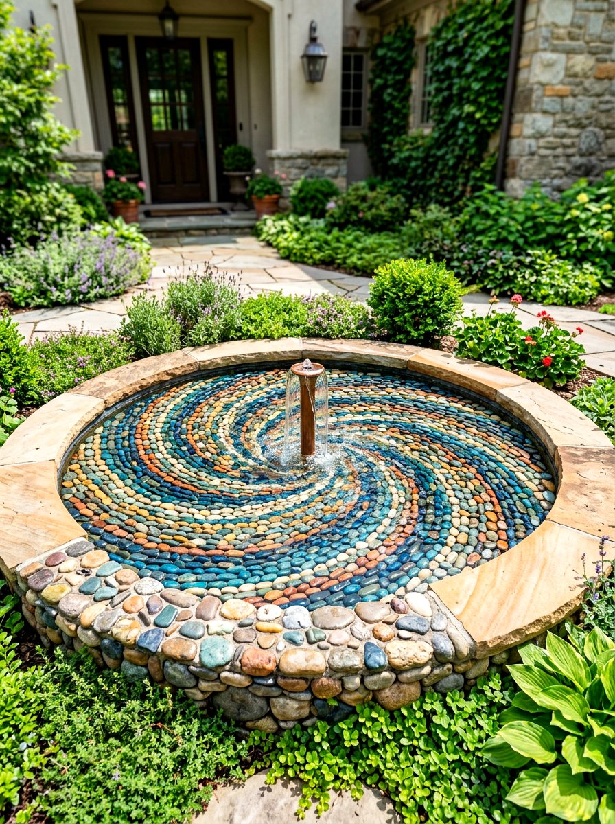 Pebble mosaic fountain - 30 front yard water feature ideas