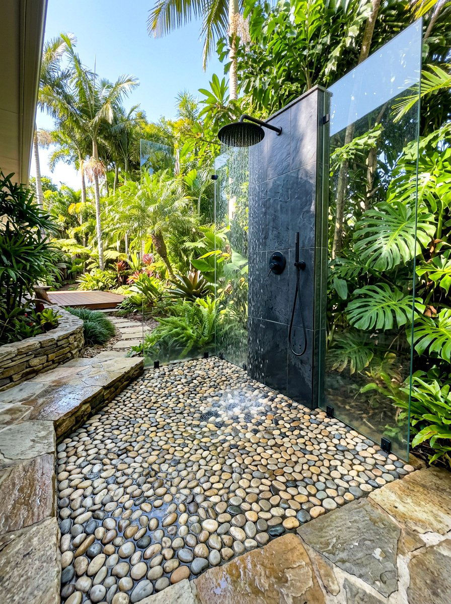 Pebble shower floor - 30 lodge bathroom ideas