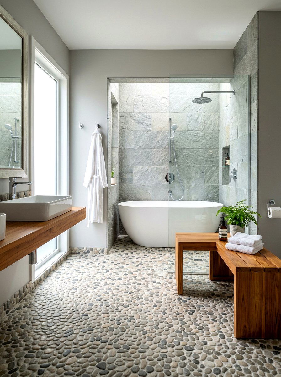 Pebble stone shower floor - 30 alcove tub styling ideas