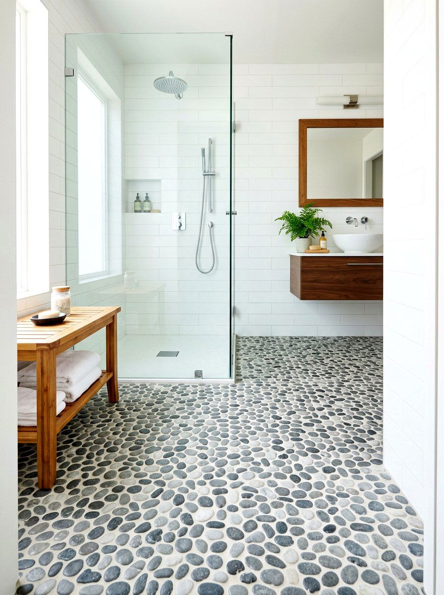 Pebble tile bathroom floor - 30 earthy home decor ideas
