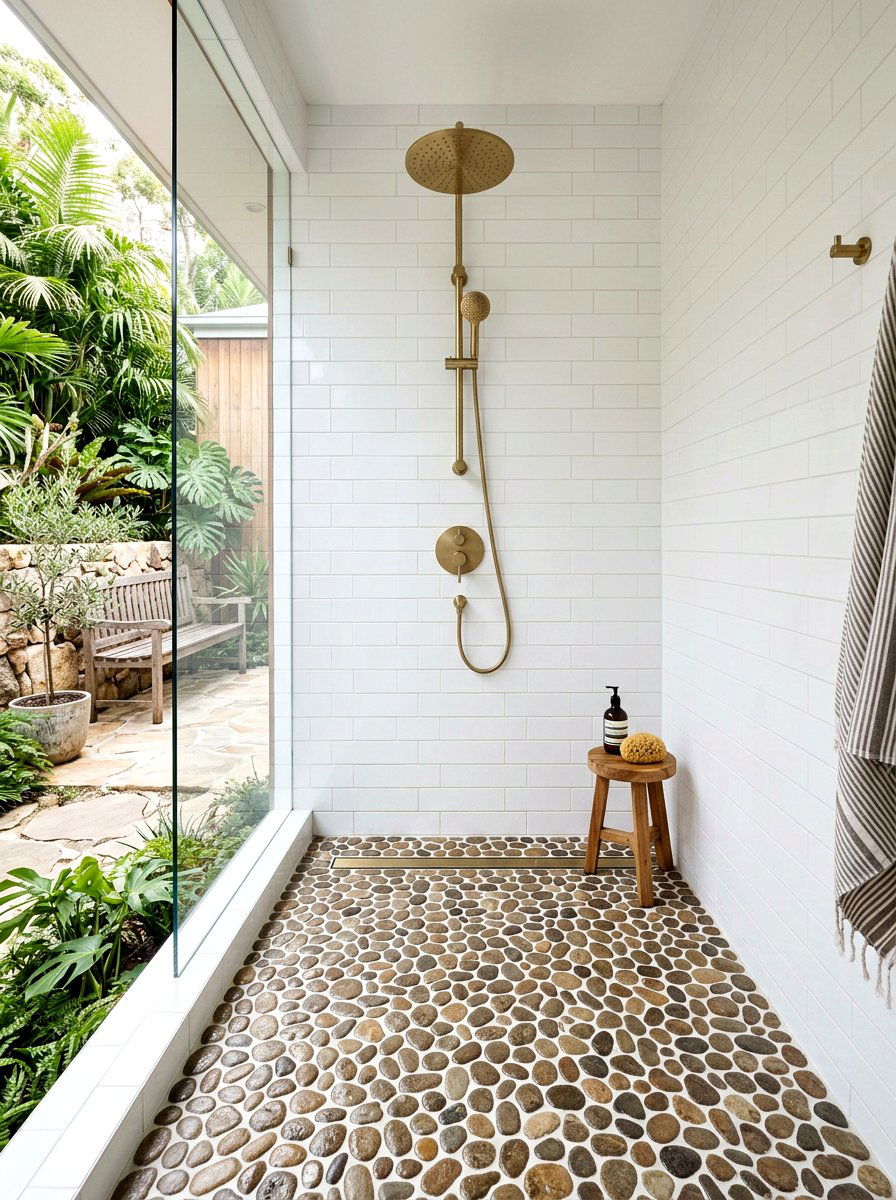 Pebble tile shower floor - 30 niche tile contrast ideas