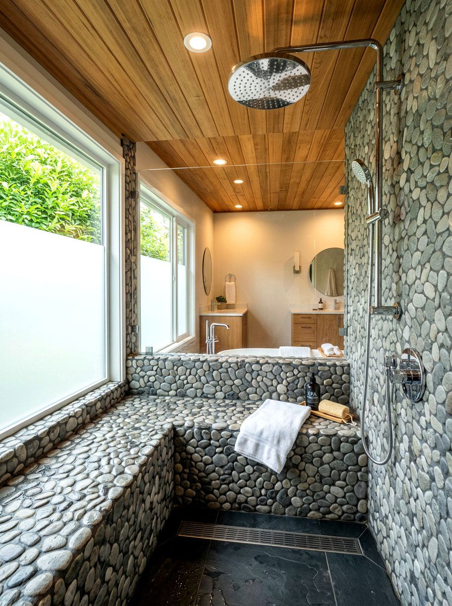 Pebble tile shower seat - 30 shower bench ideas