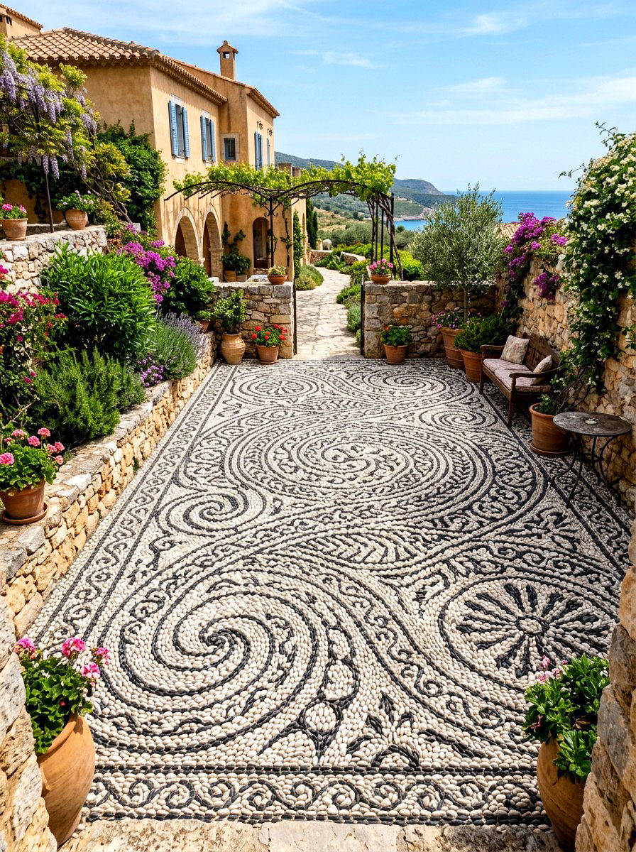 Pebbled mosaic courtyard - 30 Mediterranean front courtyard ideas