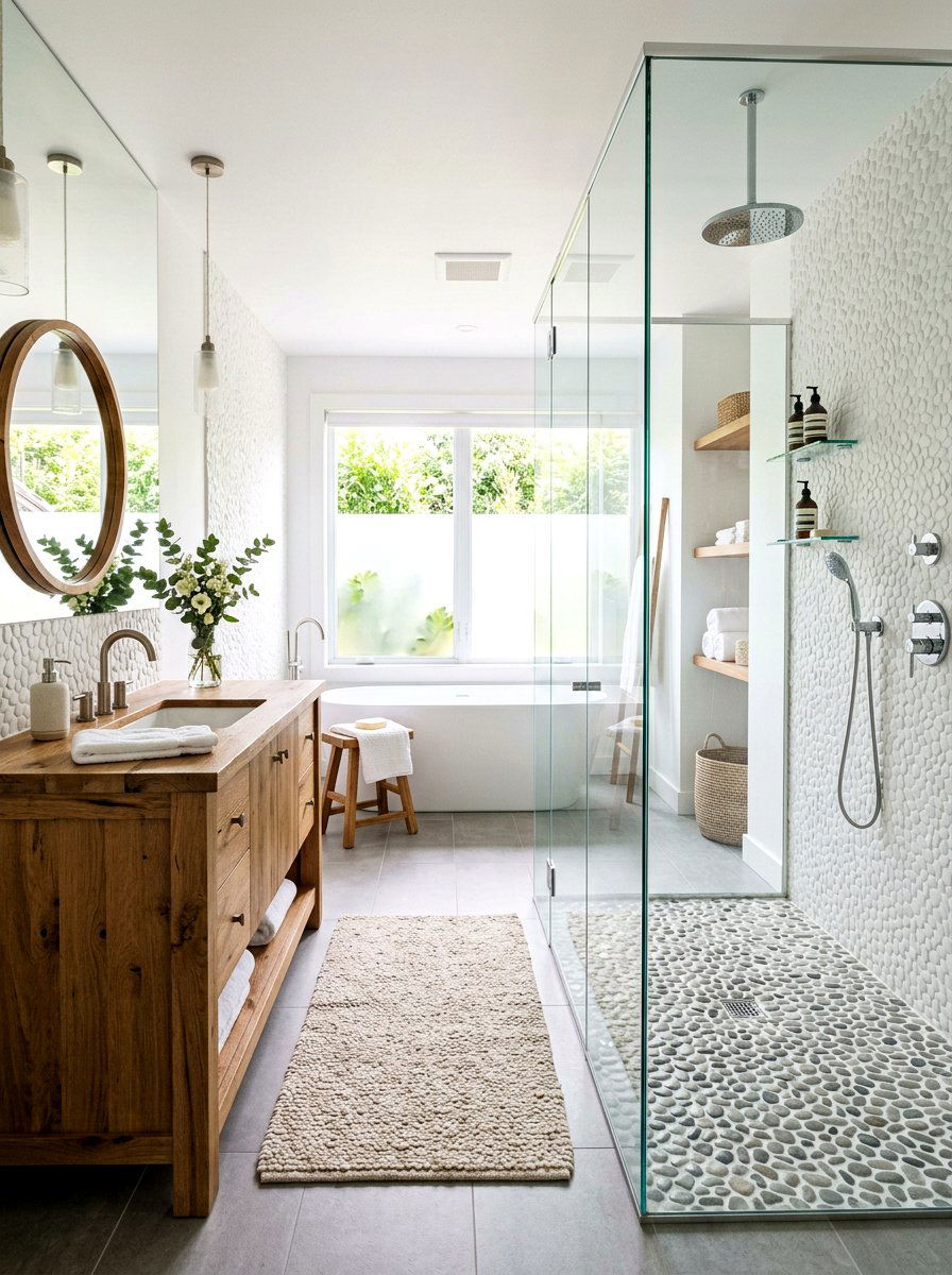 Pebblestone Floor White Grout - 30 light grout bathroom ideas