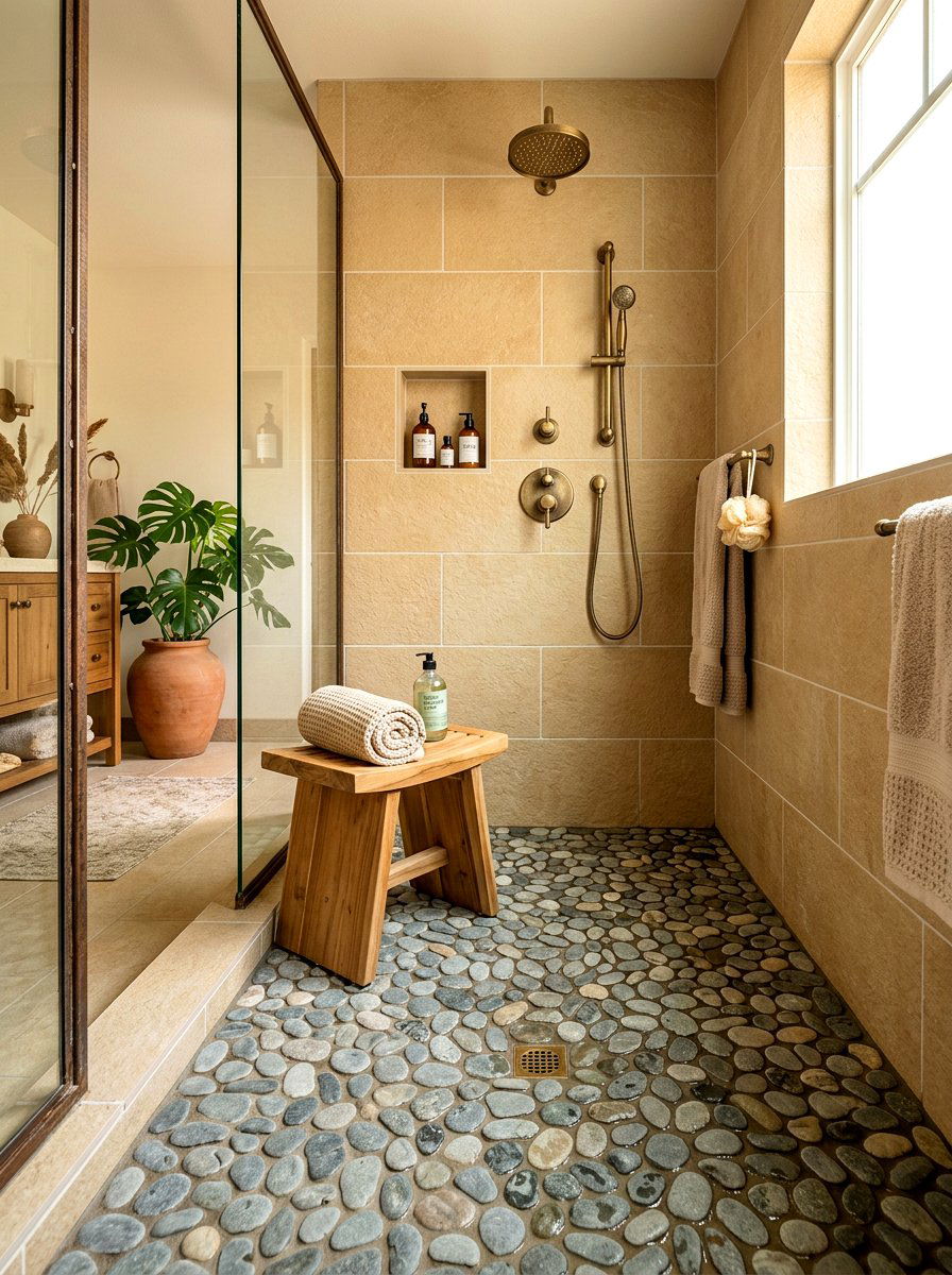 Pebblestone floor shower - 30 spa shower bathroom ideas