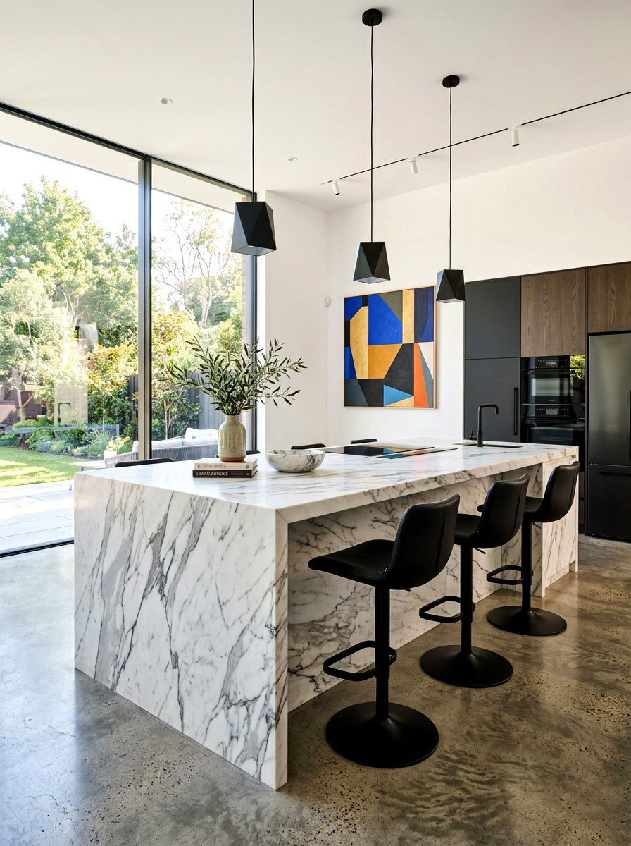 Pedestal Base Waterfall Island Stools - 30 waterfall island seating ideas