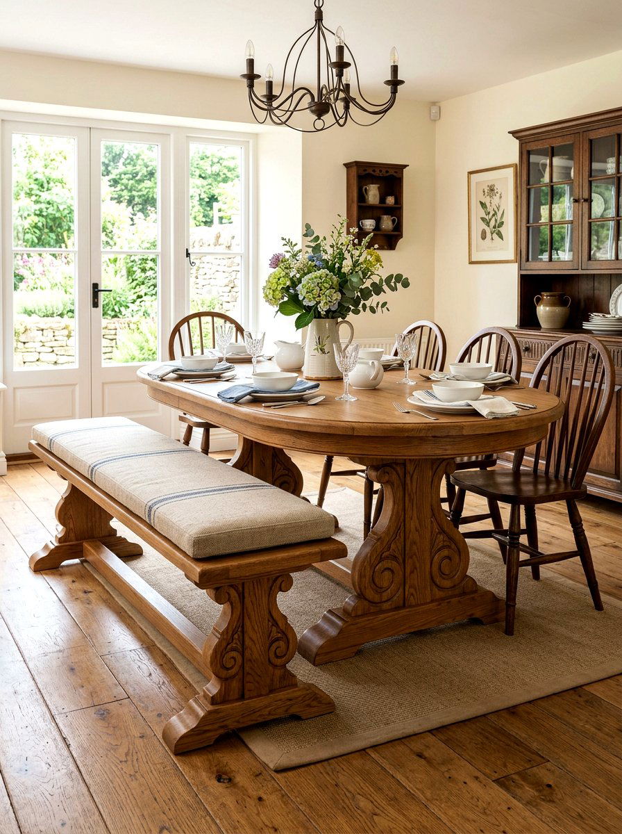Pedestal Base Wood Bench - 30 farmhouse dining bench ideas