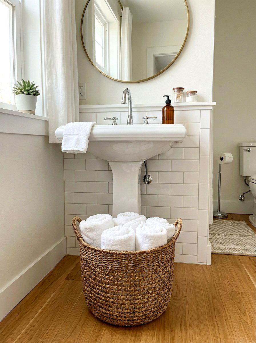 Pedestal Sink Round Floor Basket - 30 bathroom basket storage ideas