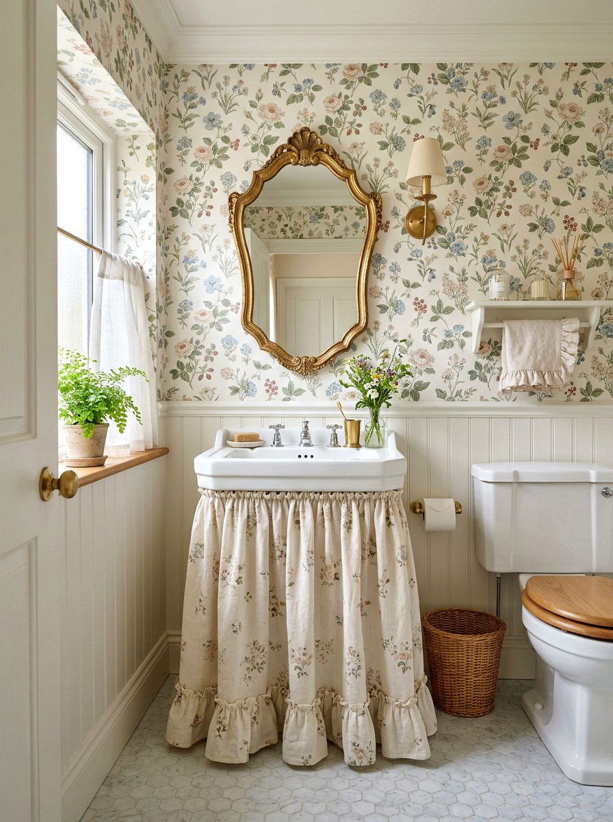 Pedestal Sink With Fabric Ruffle Skirt - 30 French country bathroom ideas