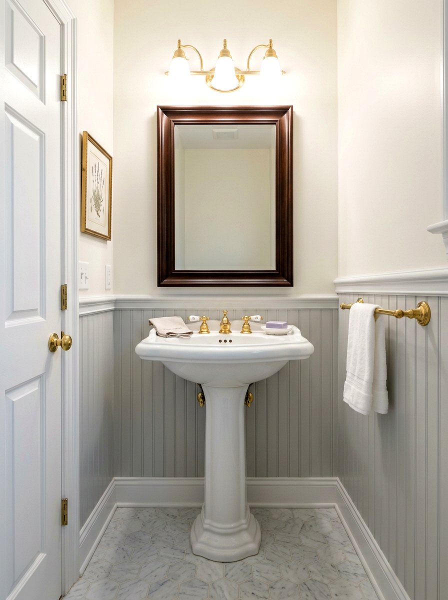 Pedestal sink with brass fixtures - 30 traditional powder room ideas