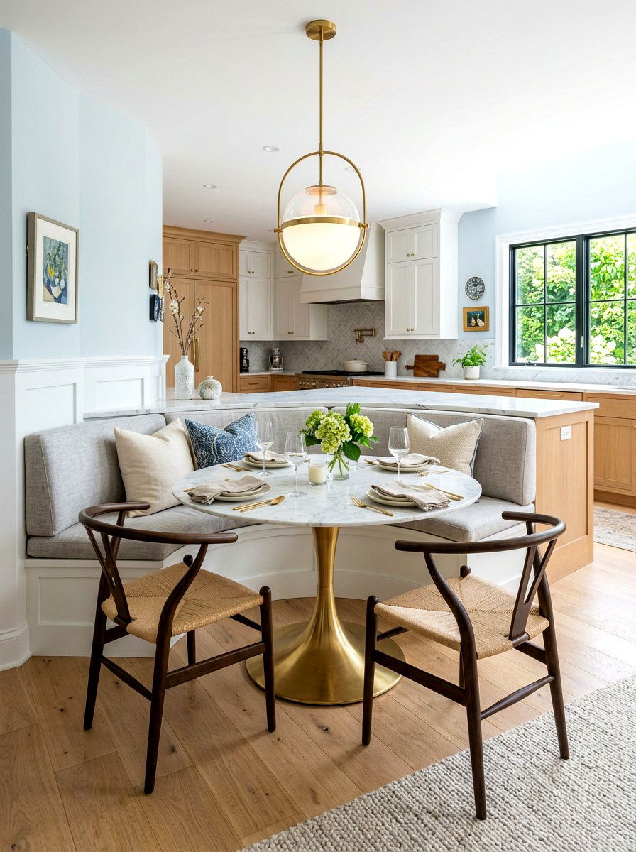 Pedestal table bench - 30 breakfast room bench ideas