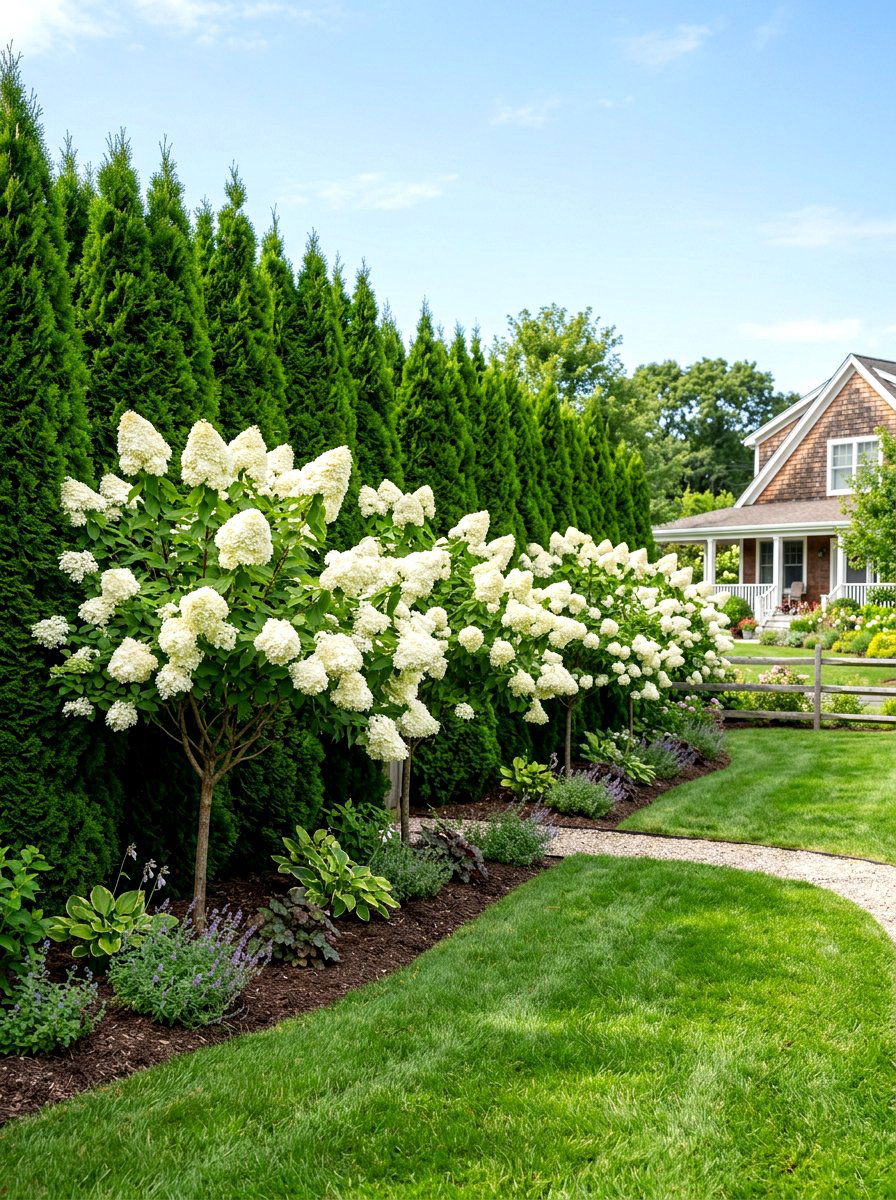 PeeGee hydrangea and emerald green arborvitae - 30 evergreen and hydrangea landscape ideas