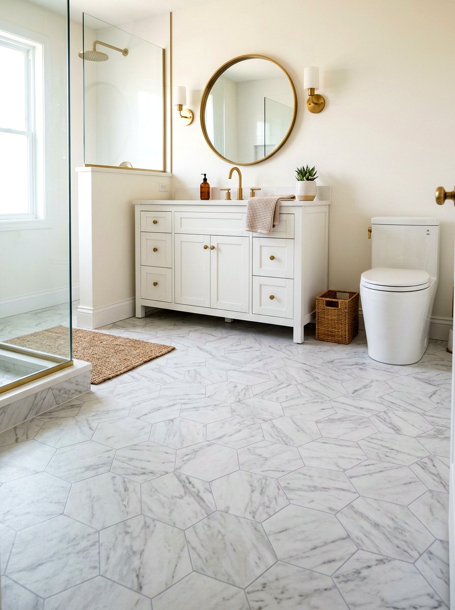 Peel and stick floor tile - 30 rental bathroom makeover ideas aesthetic