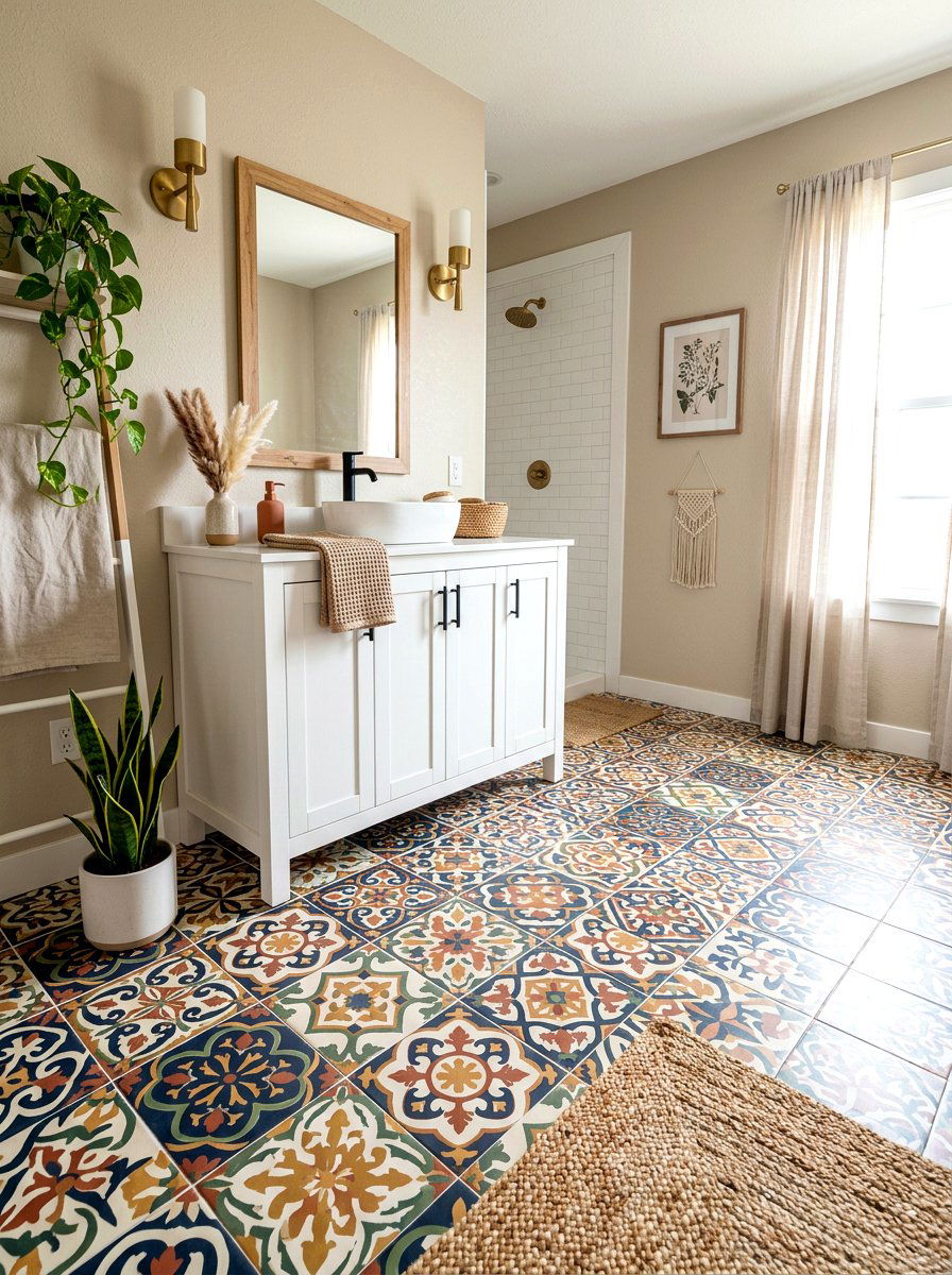 Peel and stick floor tiles - 30 renter friendly bathroom decor ideas