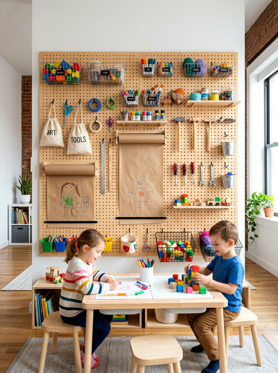 Pegboard Activity Wall - 30 toy rotation storage ideas