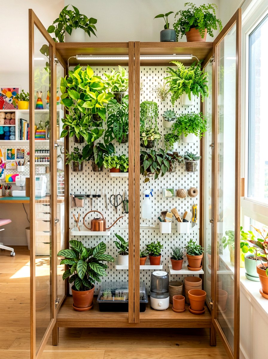 Pegboard Backed Greenhouse Cabinet - 30 indoor greenhouse cabinet ideas