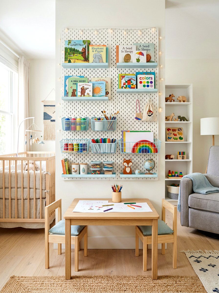 Pegboard Book Display - 30 nursery bookshelf ideas