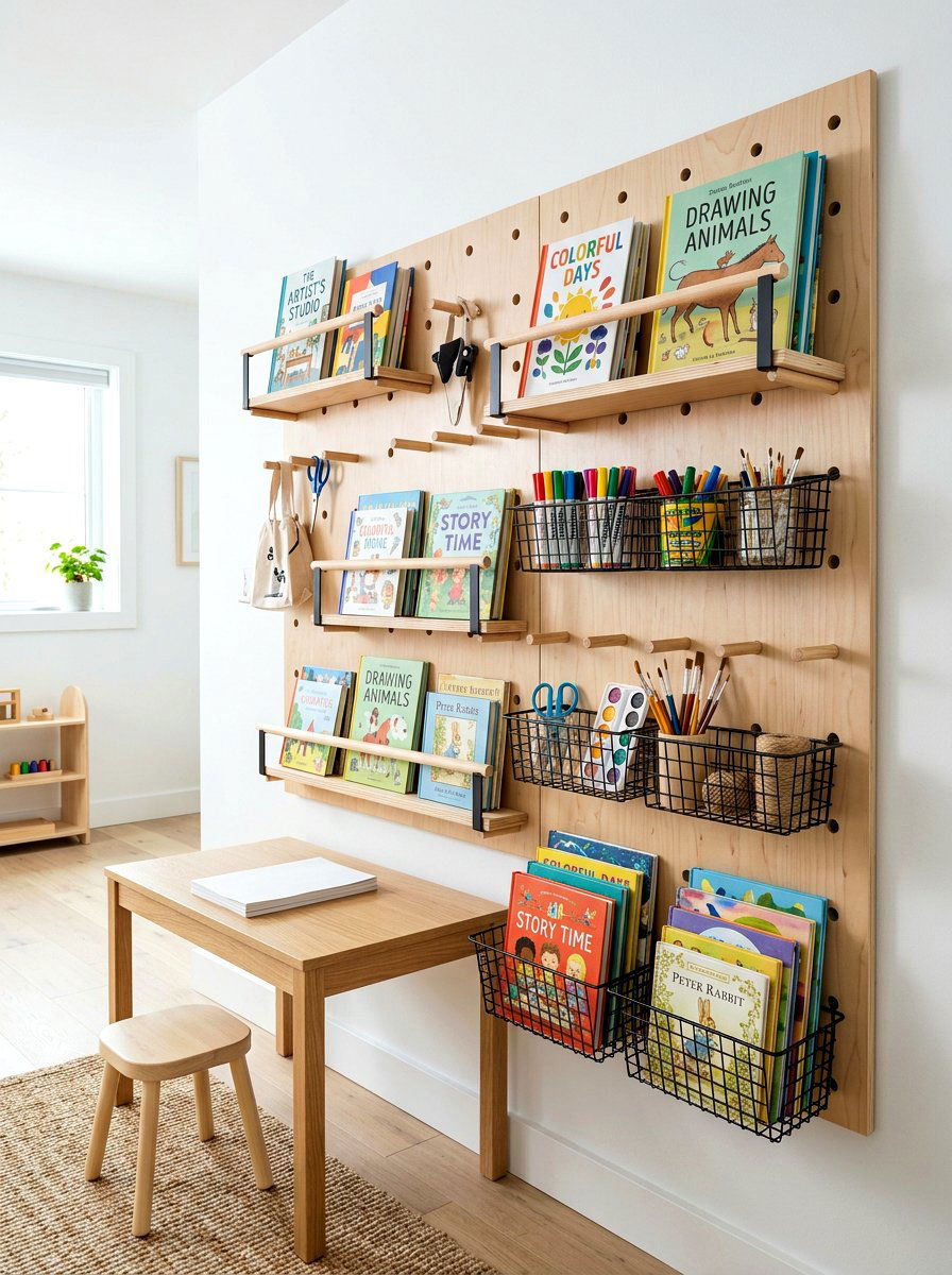 Pegboard Book Display - 30 playroom bookshelf ideas