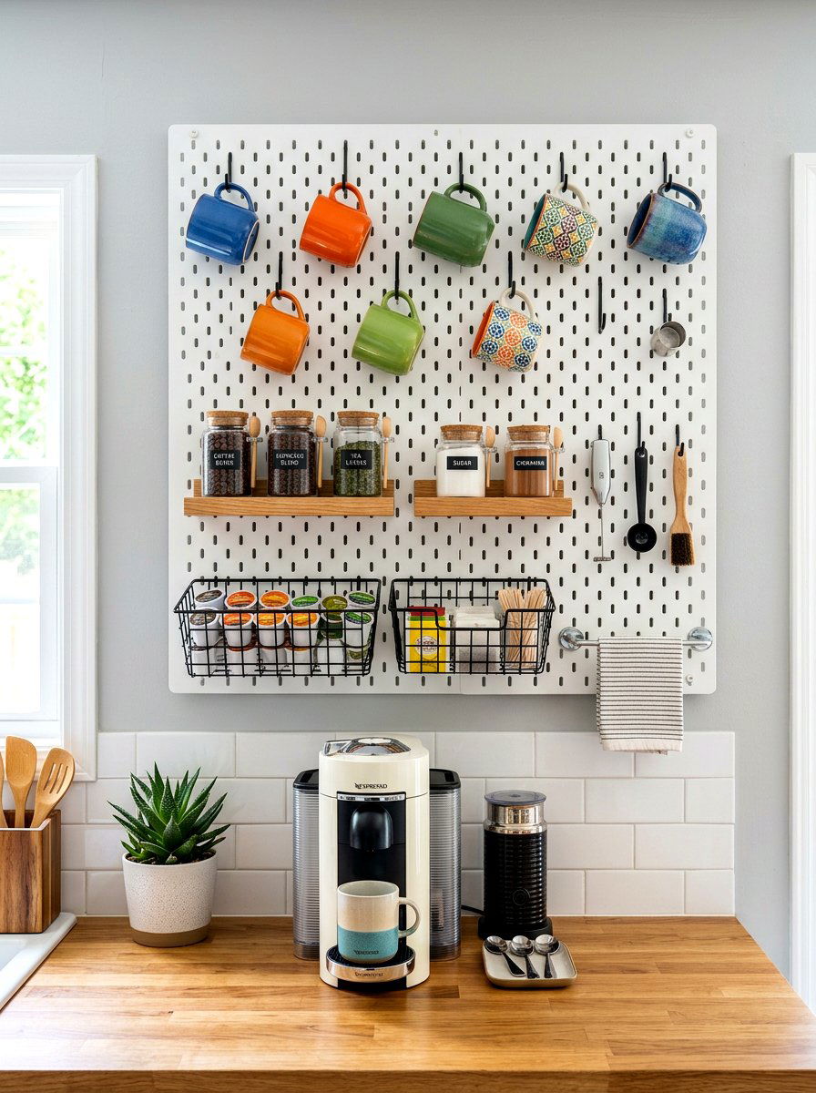 Pegboard Coffee Station Organizer - 30 coffee station shelf styling ideas