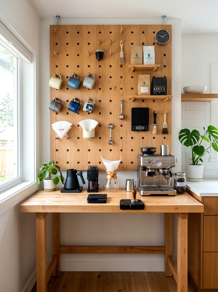 Pegboard Coffee Station - 30 aesthetic home cafe setup ideas
