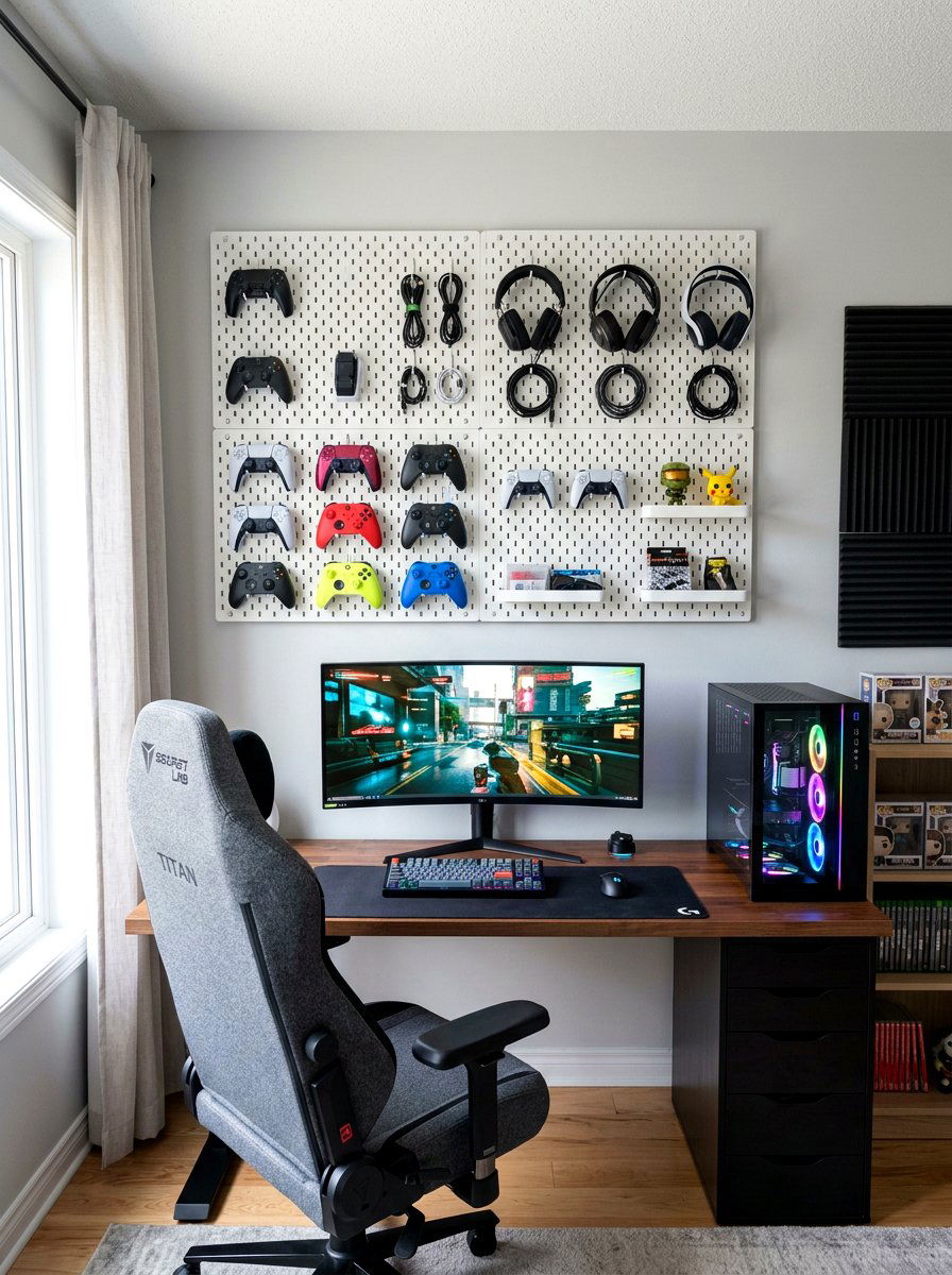 Pegboard Gaming Gear Storage - 30 gamer bedroom ideas