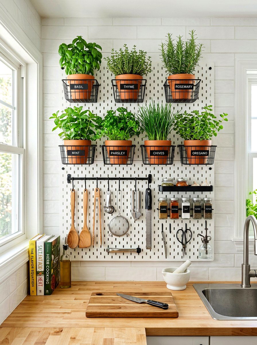 Pegboard Kitchen Herb Garden Organization - 30 hanging herb garden ideas
